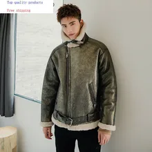 Мужская куртка из натуральной кожи, зимнее пальто из натуральной мериносовой шерсти с мехом, Мужская винтажная куртка из овечьей шерсти для мотоцикла, 19317