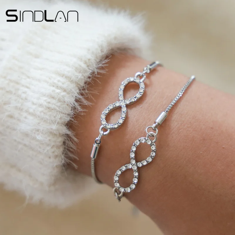 

Sindlan 1PC Silver Crystal Infinity Charm Bracelet for Women Fashion Simple Chain Bracelet Adjustable Couple Friendship Bracelet