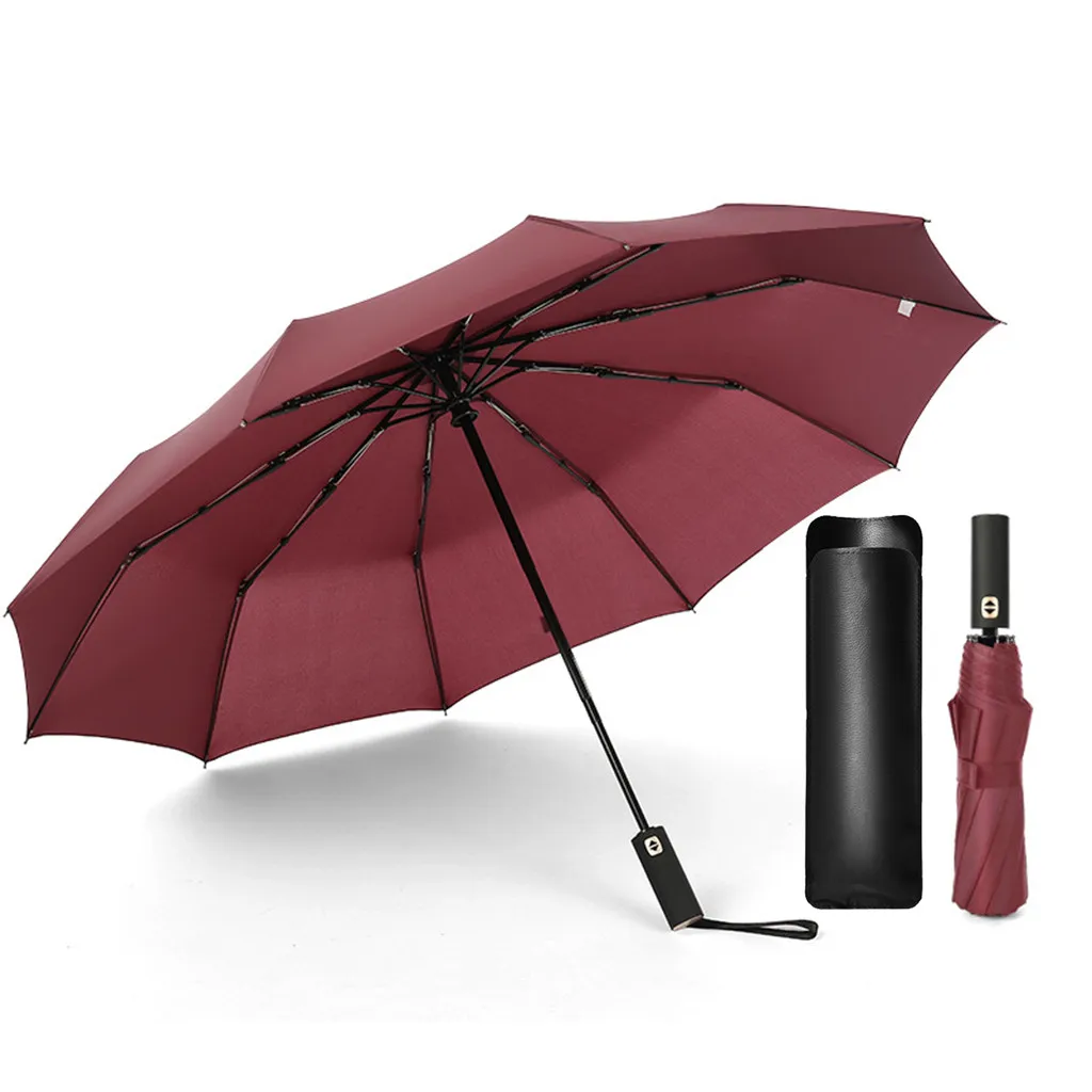 Red New Automatic Folding Business Umbrella Gold Handle Tri-Fold Umbrella - Цвет: Red