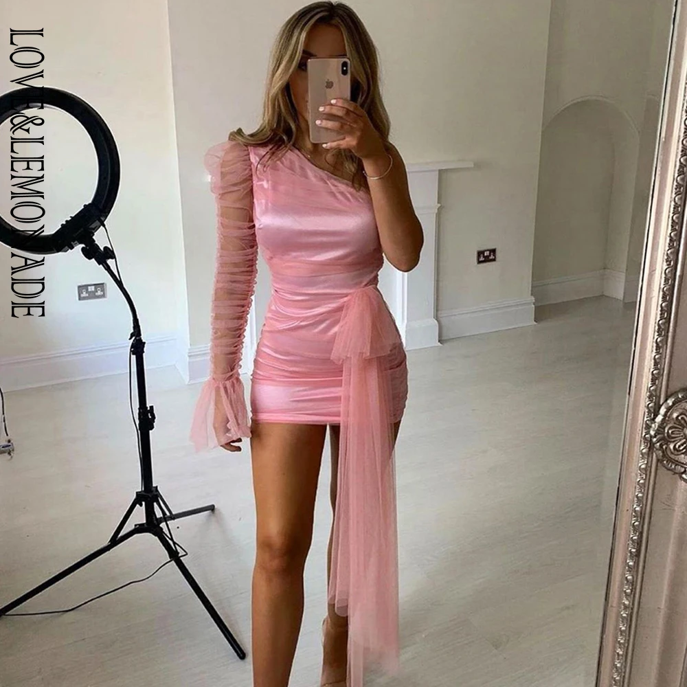 LOVE&LEMONADE сексуальные с открытыми плечами один Пышный рукав бант чистая Bodycon Вечерние мини-платья LM90163