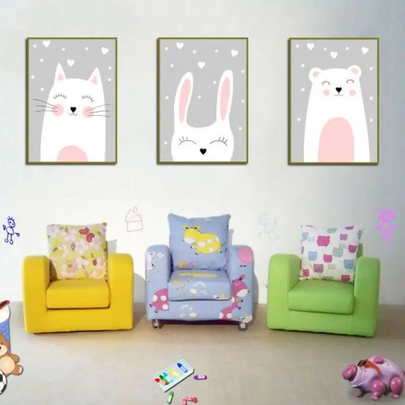 

Animal Canvas Painting Cartoon Poster Print Rabbit Bear Cat Nursery Wall Art Picture Nordic Wall Painting Baby Girl Room Decor