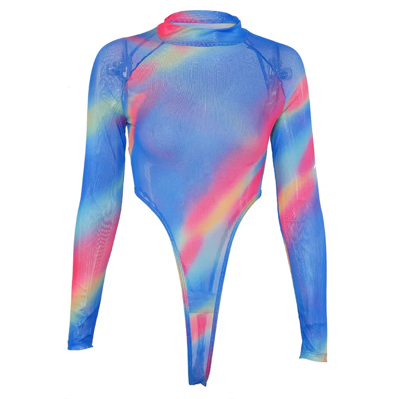 Shestyle Mesh See Through Rainbow Bodysuit Women Sexy High Waist Mock Neck Summer 2020 New Design Body for Female Chic Outfit