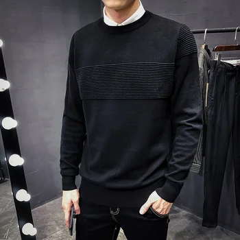 

2019 New Brand Quality Men's Pullover Sweater Men's Knit Jersey Striped Sweater Men's Solid Color Cotton Loose Knitwear M-3XL