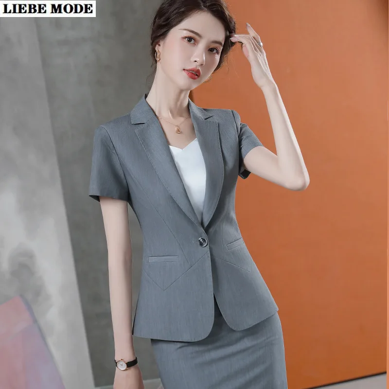 Ladies Black Grey Business 2 Piece Set Short Sleeve Jacket Skirt Suits for Women Summer Formal Outfit Female Office Work Clothes