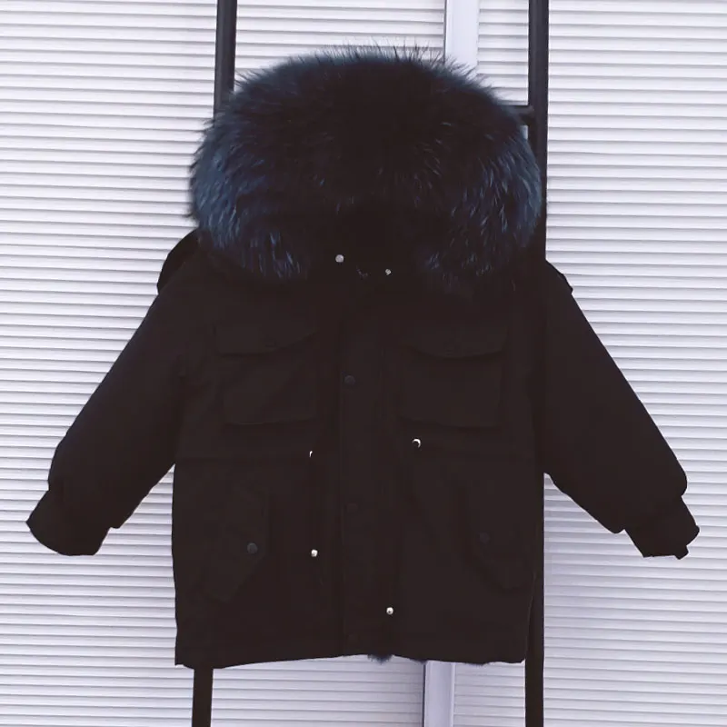 Новинка года, парки с натуральным мехом для мальчиков и девочек зимняя детская куртка пальто с капюшоном из натурального меха енота Съемная подкладка из меха кролика Рекс, большие размеры - Цвет: Black DeepBlue