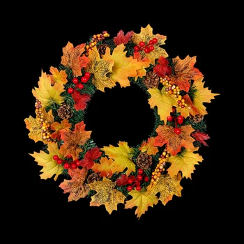 

LED Halloween Thanksgiving Fall Wreath Maple Leaves Berry Wreath Door Decor Home Maple Leaf Decoration Wreath Door Maple Wreath