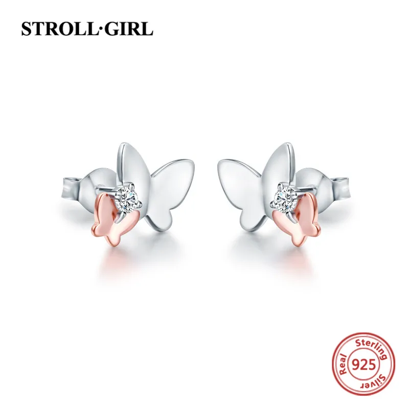 Strollgirl, новинка, 925 пробы, серебряные, милые, животные, Бабочка, с CZ, серьги-гвоздики для женщин,, вечерние, модные ювелирные изделия, подарки