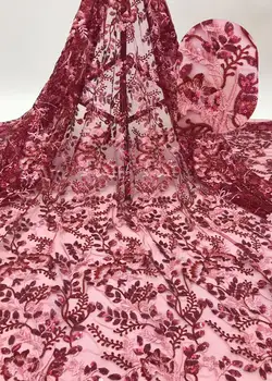 

Latest African Fabrics Flowers High Quality 2020 Nigerian Net Lace Fabric with Sequins Sequence Lace for Women Dresses