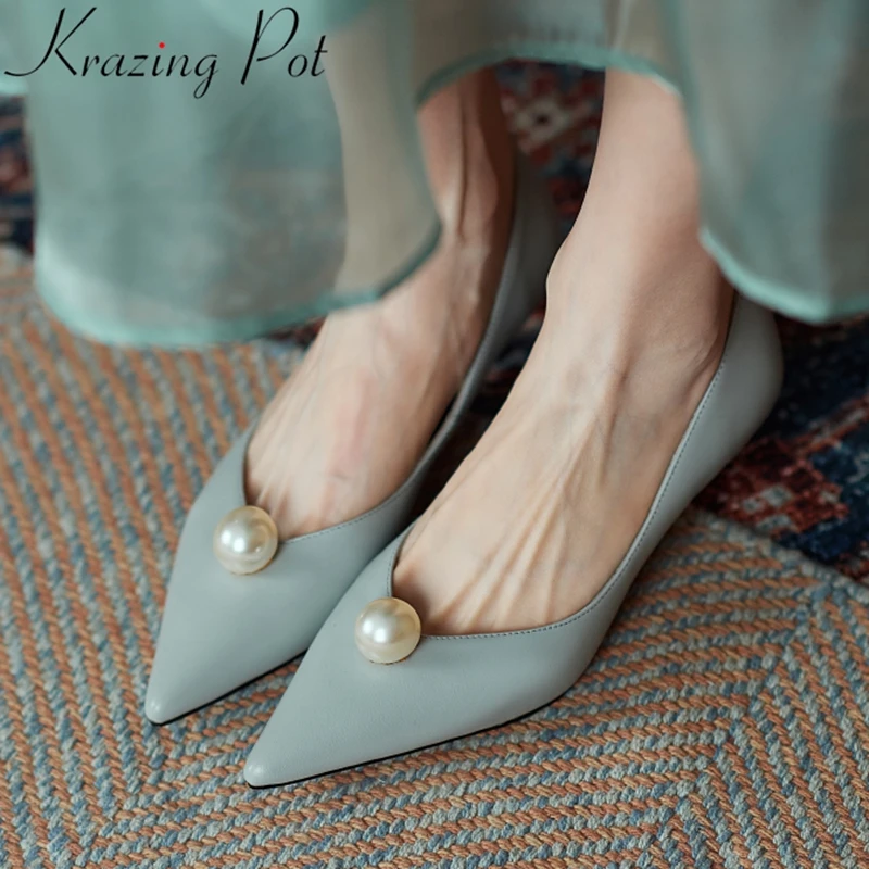 

Krazing Pot 2022 fashion sheep leather pearl shallow spring shoes pointed toe med heel slip on office lady sweet women pumps L01