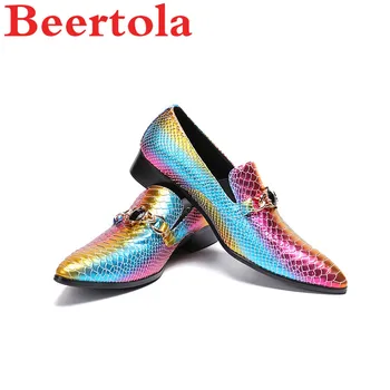 

Real Leather Men Shoes Discoloration Pointed Toe Brogue Shoes Men Rhinestones Slip On Party Wedding Shoes Masculine Rainbow Flat