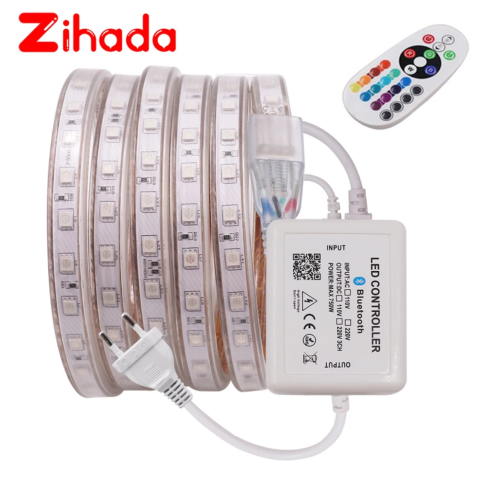 

5050 RGB LED Light Strip 220V Dimmable Waterproof 60 LEDs/m Flexible Tape LED Strip Lamp With 24 Key Remote For Home Decoration