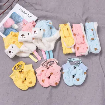 

KLV Cute Cartoon Bear Baby Children Warm Winter Scarf Hat Gloves Set Kids Knitted Glove Cap 3-12M