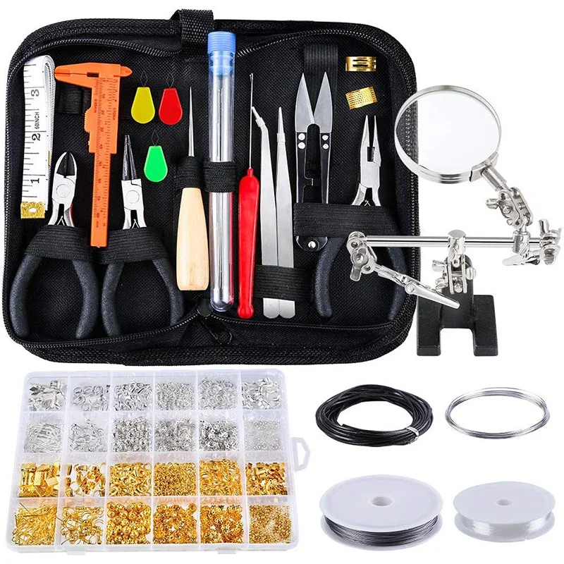 

22 Piece Jewelry Making Kit with Jewel Line Magnifying Glass Holder and 2010 Piece Jewelry Accessory (Silver and Gold)