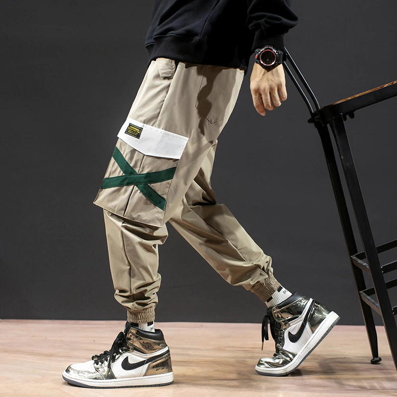Мужские хип-хоп брюки карго с ремнем мужские Лоскутные Комбинезоны Японская уличная одежда штаны для бега мужские дизайнерские шаровары - Цвет: 895 khaki