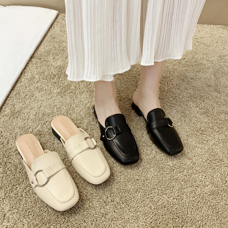 

Cover Toe Low Shoes Woman 2019 Luxury Slides Square heel Slipper New Soft Designer Block Rubber PU Rome Fashion Autumn