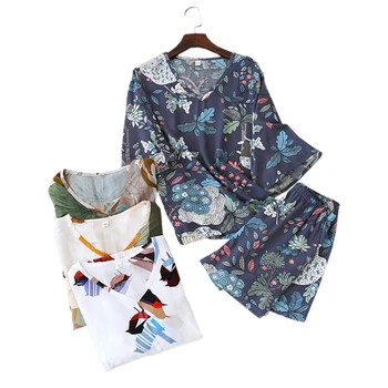 

New Summer sweet Rayon Fresh shorts pajamas sets women sleepwear Japanese simple Floral short pajamas sets for women