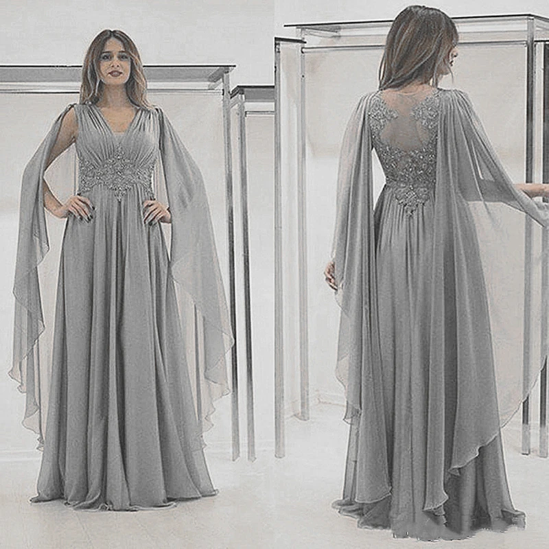 Lange Moeder Van De Bruid Jurk Met Cape Silver Grey Chiffon Geappliceerd Kant Formele Avond Prom Jassen Wedding Party Gast Lange Moeder Van De Bruid Jurk Met Cape Silver Grey Chiffon Geappliceerd Kant Formele Avond Prom Jassen Wedding Party Gast