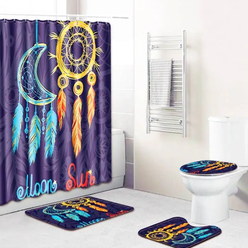 4 Pcs Set Mermaid Son Moon Face Pattern Shower Curtain Bath Mat Set Waterproof Polyester Bathroom Fabric Accessories with Hooks
