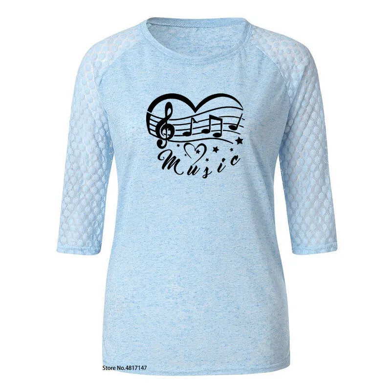Музыка Примечание Сердце Звезда Письмо печати Футболка женская Кружевная футболка плюс размер футболка женский подарок для меломана летние милые топы