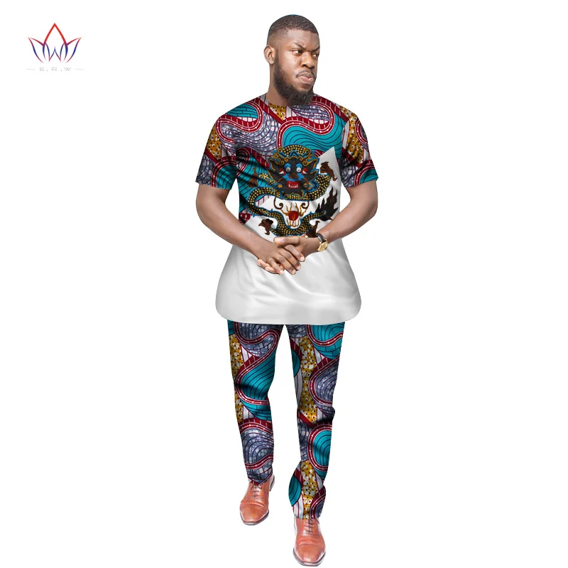 Базен Riche африканская аппликация Дракон принт топ и брюки наборы Анкара одежда 2 шт. брюки наборы мужская африканская одежда WYN390 - Цвет: 3