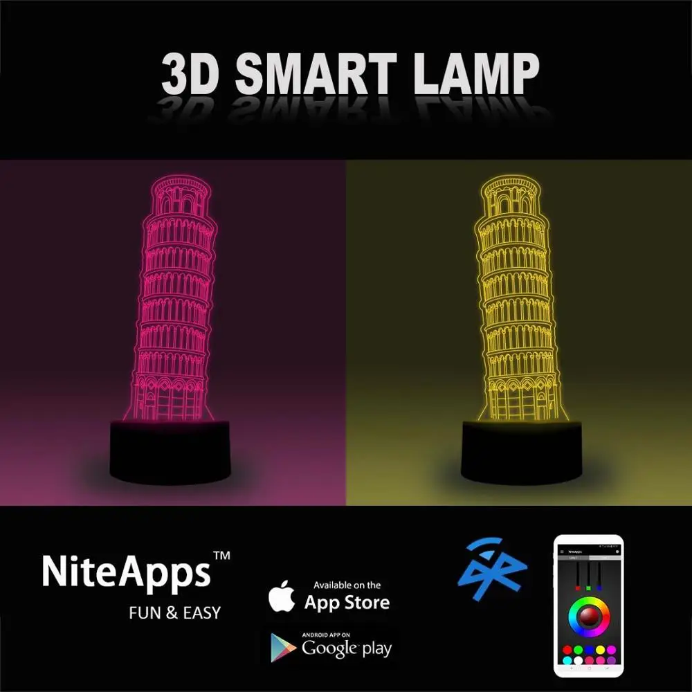 NiteApps 3D Пизанская башня ночного света настольная Иллюзия украшение лампа подарок на день рождения приложение/сенсорное управление