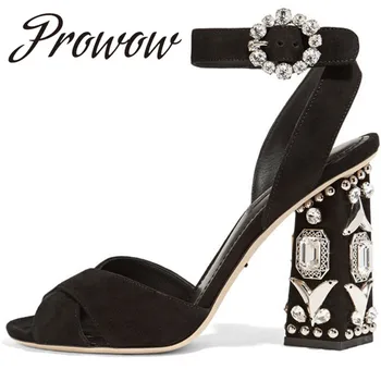 

Hot New Black Genuine Leather Crystal Beading HIgh Heel Sandals Open Toe Buckle Strap Party Sandals Shoes Ladies