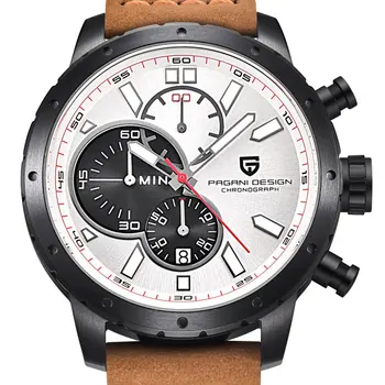 

46mm Pagani design Quartz chronograph White dial date men‘s watch Black Stainless steel case Brown leather men's Sport watches