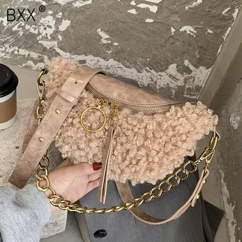 

[BXX] Soft Faux Fur Handbags and Purses For Women 2020 Winter Solid Color Chest Waist Bag Ladies Travel Crossbody Bag HP312