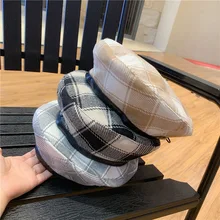 01908-yu-412050341 Новая Осенняя британская Клетчатая Шерстяная ткань pu brim берет для мужчин и женщин для отдыха маляр шляпа