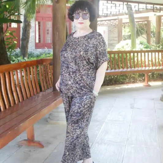 Summer Leopard Print 2 Piece Sets Women Plus Size Short Sleeve Tops And Pants Suits Office Elegant Women's DJ554 |