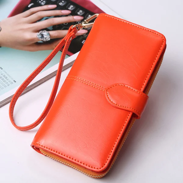 ACELURE Solid Color Women Long Wallets Simple Style Zipper& Hasp Purse With Card Holder Oil Wax Pu Leather Ladies Daily Wallet - Цвет: Orange