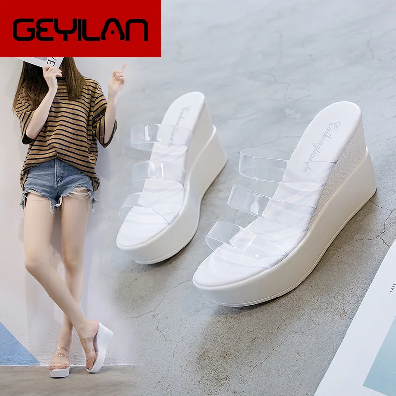 

Shoes Transparent Sandals Female Slope With Thick Bottom Wild Female Sandals One Word Drag Outside Wear Toto Cool