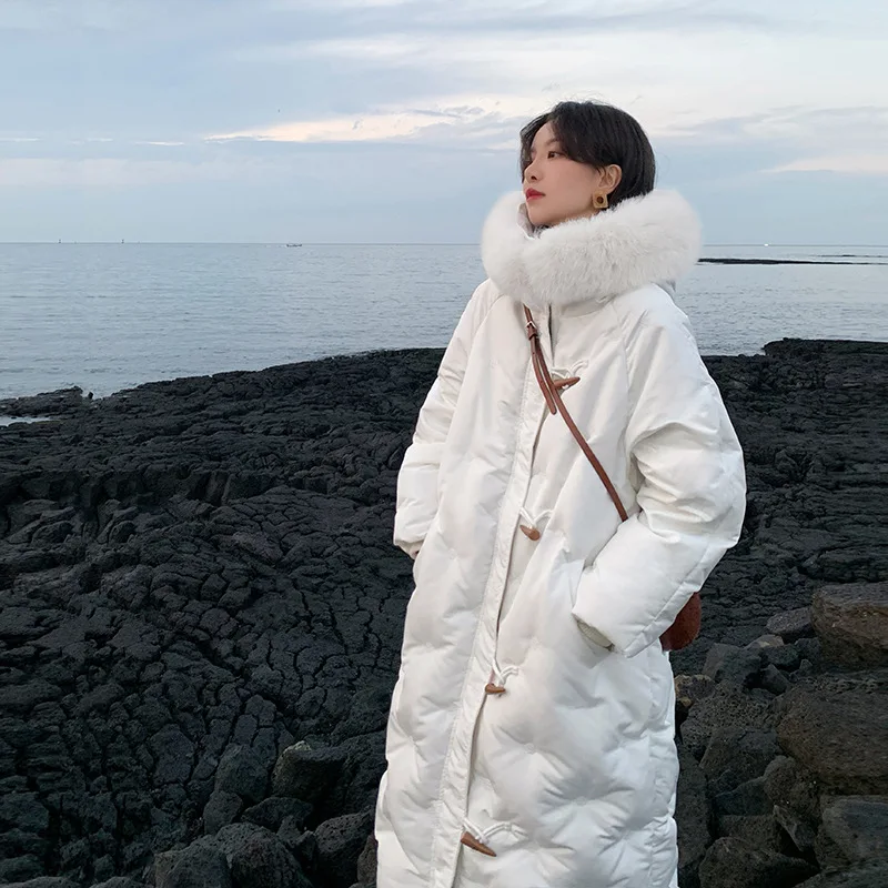 

Winter Women thick white Down coats White Duck Down fur collar Hooded Jackets Long Sleeve Warm Parka Portable Outwear plus size