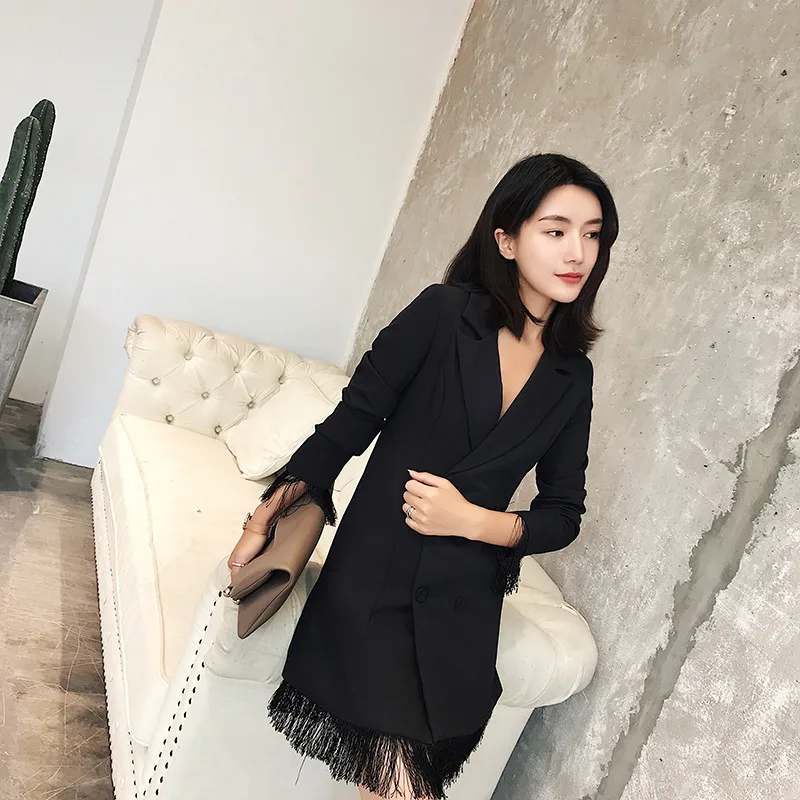 

Autumn Clothing 2019 New Style WOMEN'S Dress Korean-style Casual CHIC Suit Black Tassel Mid-length Small Suit WOMEN'S Coat