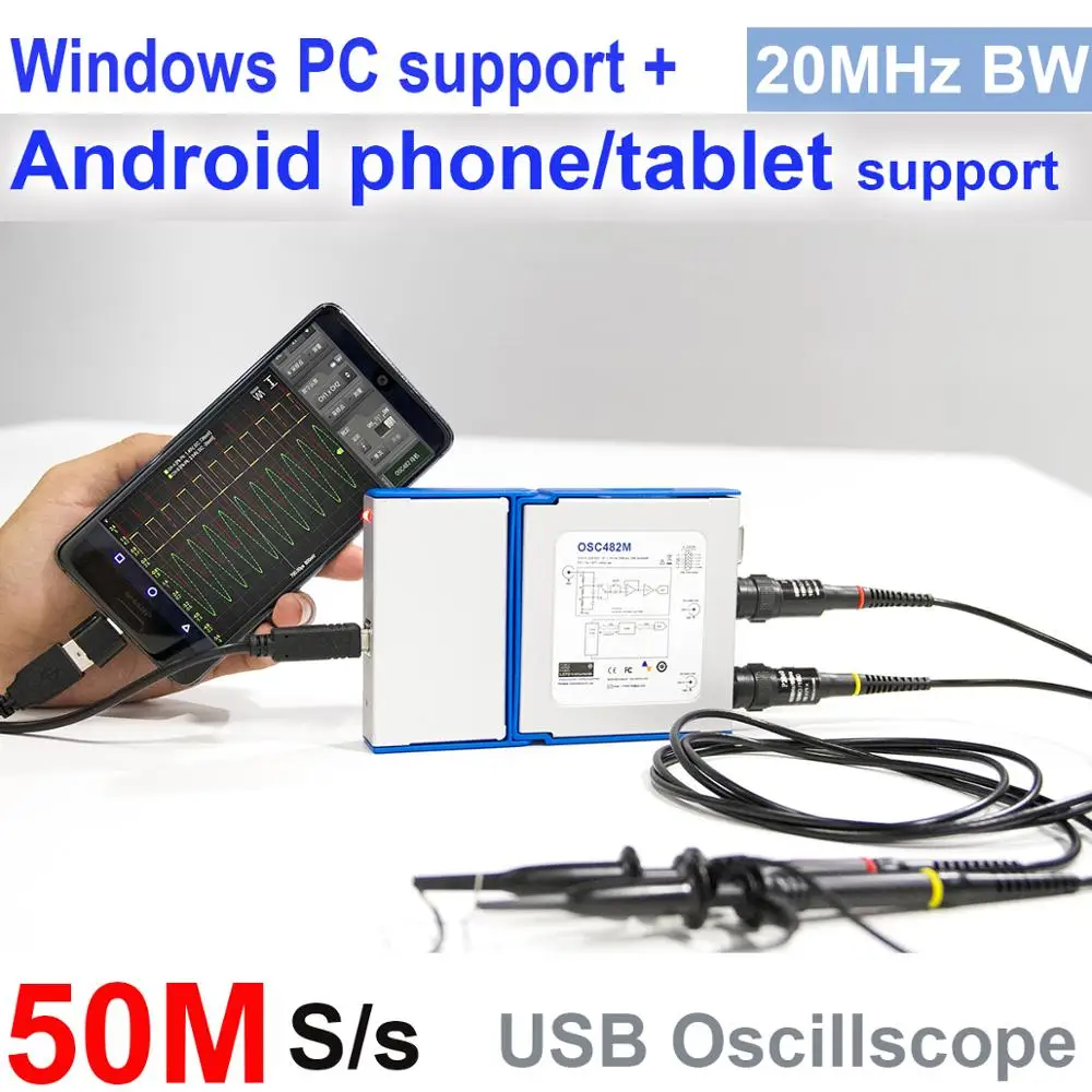 Osciloscópio usb/pc loto de 482m (android + windows),50 ms/s, taxa de amostragem, largura de banda de 20mhz, para automóvel, estudante, engenharia