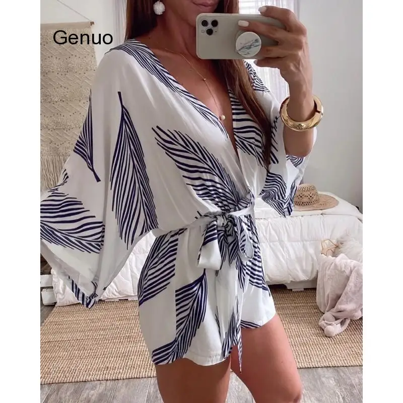 Women Summer Sexy Deep V Neck Playsuit Ladies Print Long Sleeve Loose Shirt Jumpsuit Fashion Female Romper Blouse Romper