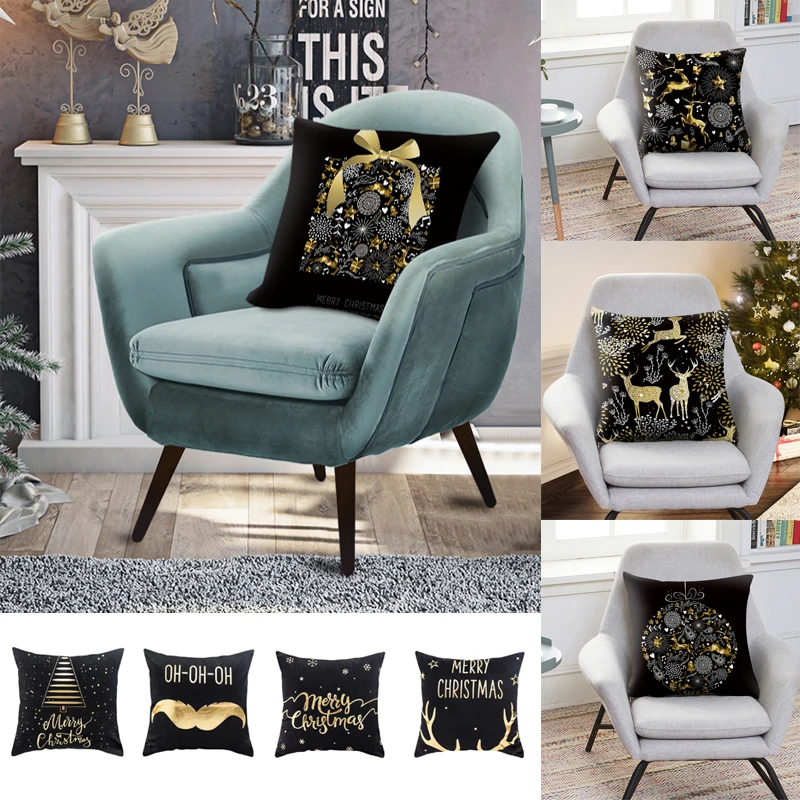 Веселый Рождественский узор, наволочка для подушки, черный цвет, печать золотой фольги, чехол для подушки, декоративные подушки с узором для дома