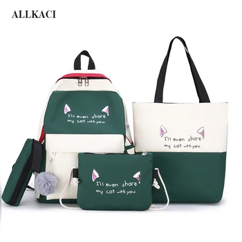 

Girls Canvas Backpacks 4Pcs/Set Women Bagpack Teenager Satchel Women Shoulder Composite Bag Female Student School Book Bags 5051