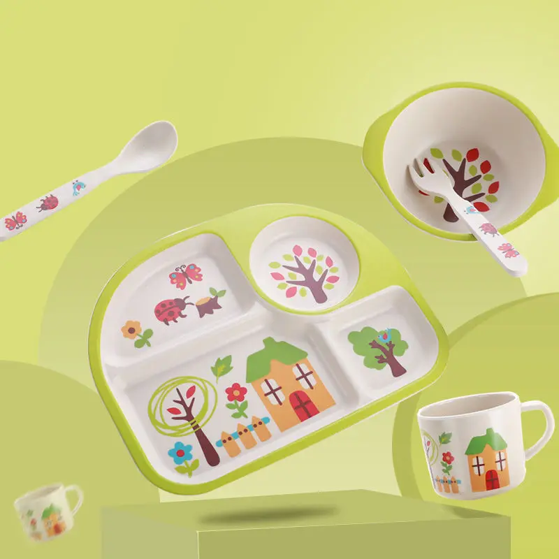 

[5 Pieces] Preface Baby Plate Seperated Cartoon Shatter-resistant Bamboo Fabric Non-toxic er tong wan Spoon Set