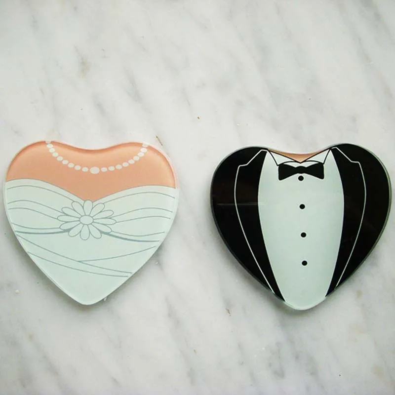 20pcs=10sets (2pcs/set) Heart Shape Bride & Groom Glass Coaster Unique