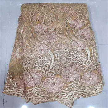

2019 High Quality African beads Lace Fabric Organza French Net Embroidery Stones Tulle Lace Fabric For Nigerian Party Dress
