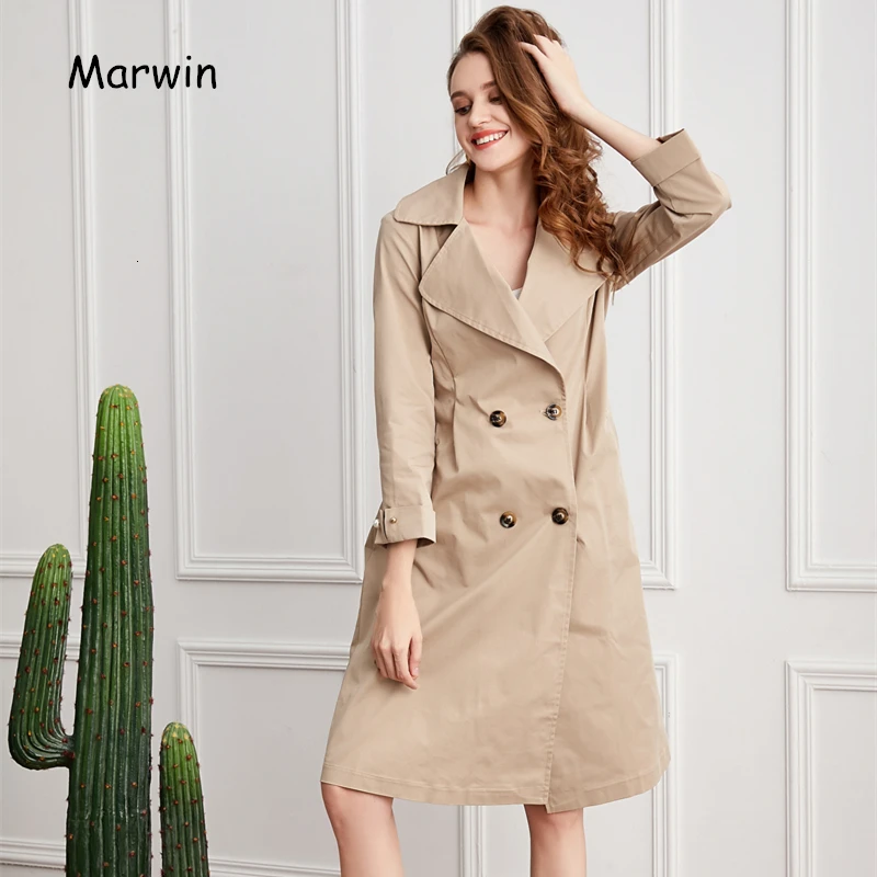

Marwin Irregular Long Raincoat Women Double Breasted Khaki Overcoat Sash Ruched Casal Outwear Autumn Winter