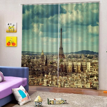 

European Paris 3D Curtains Living Room on The Window Bedroom Drapes Cortinas Customized Size Blackout Curtain Flat Window Rope