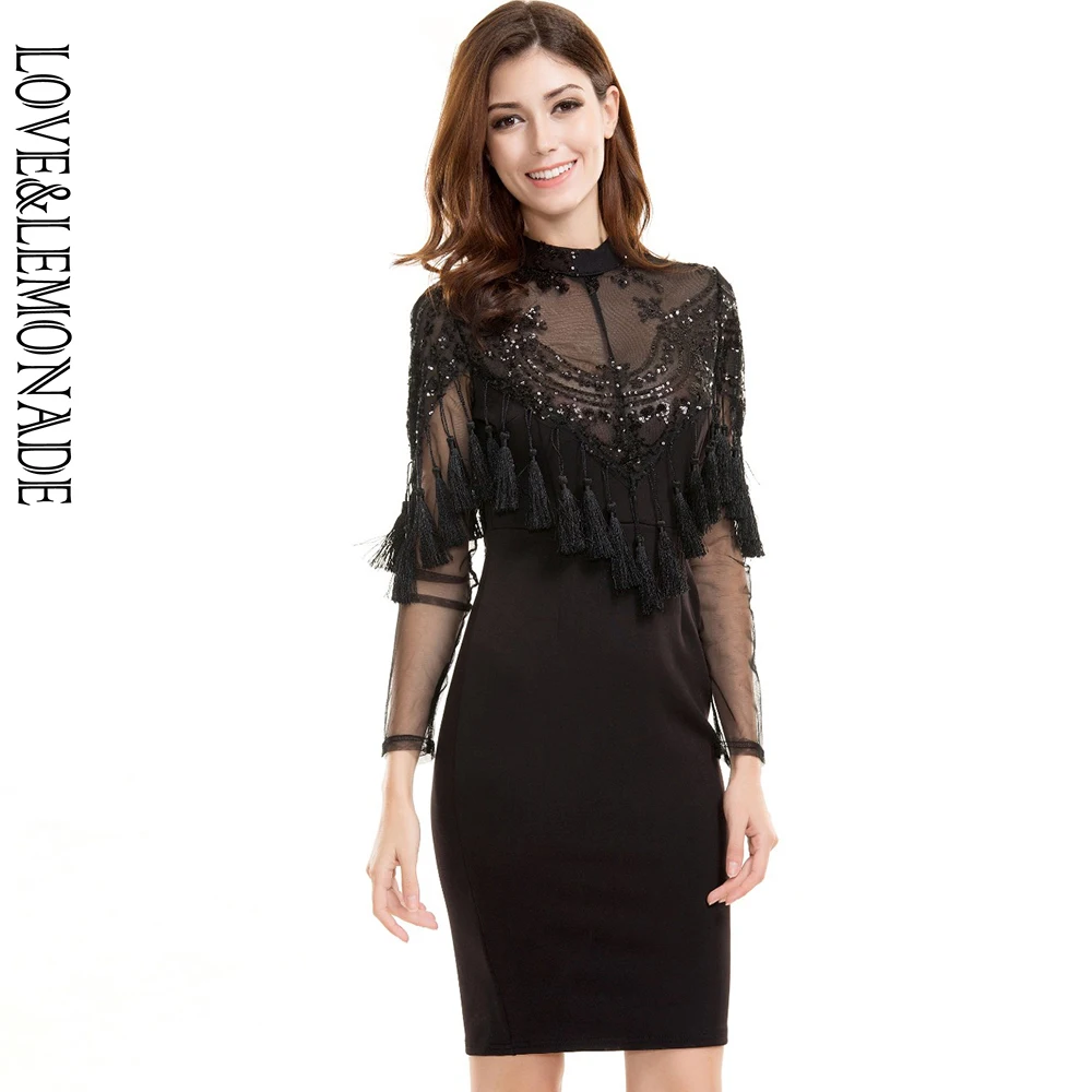 LOVE & LEMONADE вечерние платье с блестками и кисточками черного/телесного цвета TB