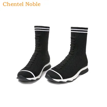 

2019 Chentel Handmade Women Sock Boots Stretch Fabric Flat Casual Shoes Thick Heel Comfort Women Short Boots Two Style Slip-On