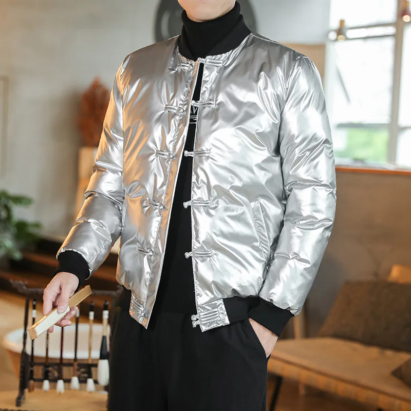 Winter Japanese Style Fashion Down Jacket Coat Tang Suit Disc Buckle Large Size National Tide Bright Face Men's Casual Male