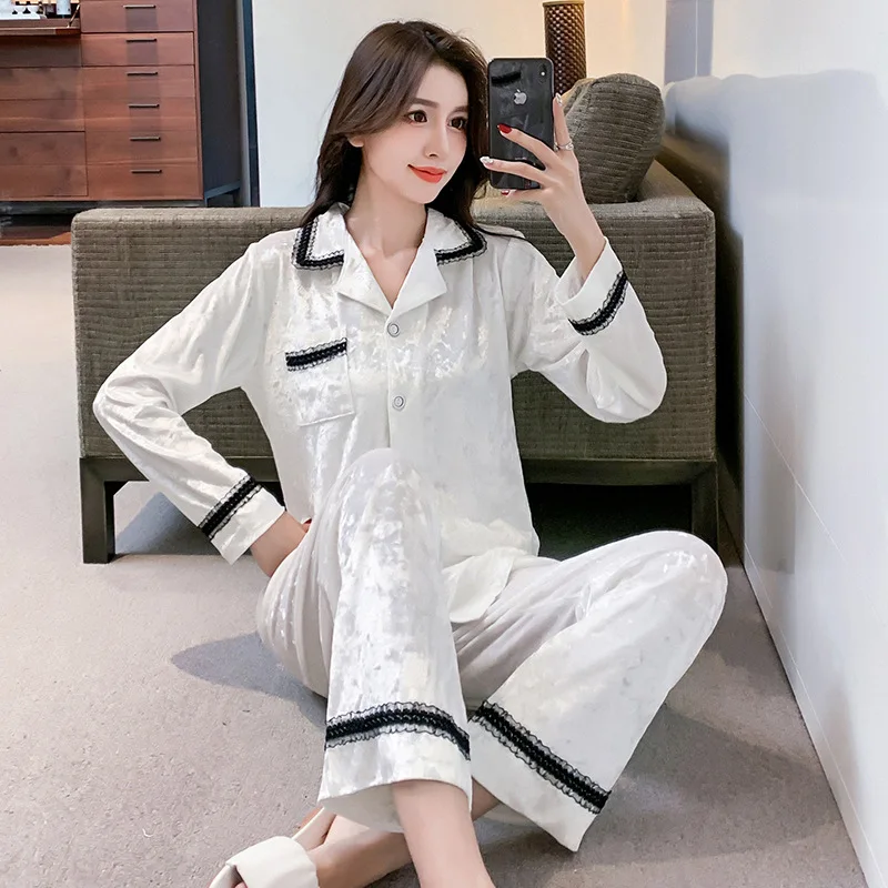 

Spring Lace Pajamas Set Women Velour Shirt&Pants Sleep Pijamas Suit Casual 2PCS Full Sleeve Sleepwear Sweet Home Clothing