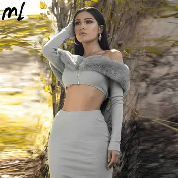 

Autumn Winter New Sexy Elegant Long Sleeve Plush Stitching Crop Tops Skirt 2 Pieces Set Outfits Women Clothes Plus Size Suits