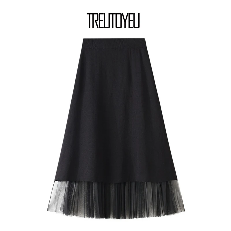 

2020 Autumn Winter Women Reversible Pleated Mesh Knitted Skirt Solid Color High Waist A Line Lady Office Wear Maxi Long Skirts