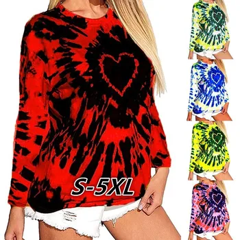 

2020 Autumn Fashion New Love Tie-dye Printing Long-sleeved T-shirt Women Loose Casual Oversized Woman Tshirts Harajuku T Shirt